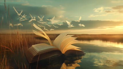 Open book with pages transforming into birds over tranquil water, metaphor for knowledge and freedom. Ideal for educational themes, literary blogs, and tranquil desktop wallpapers. - obrazy, fototapety, plakaty