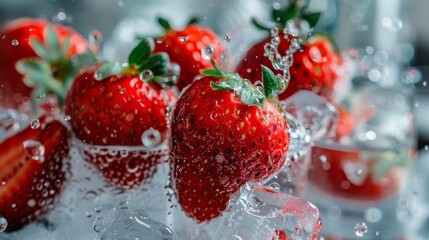 Fresh strawberries encased in ice with splashes of water around them   AI generated illustration