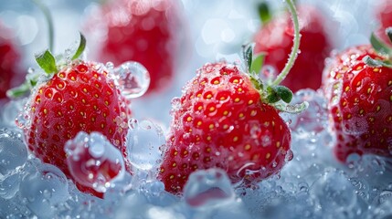 Fresh strawberries encased in ice suspended among icy textures  AI generated illustration
