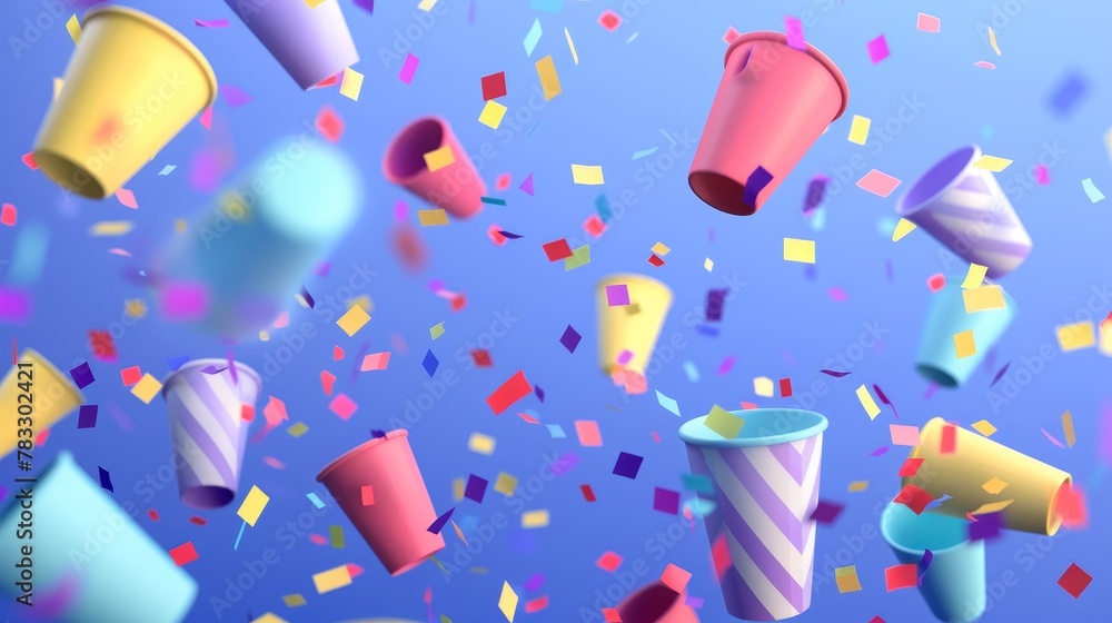 Poster fun party poppers in an isolated background d style isolated flying objects memphis style d render a