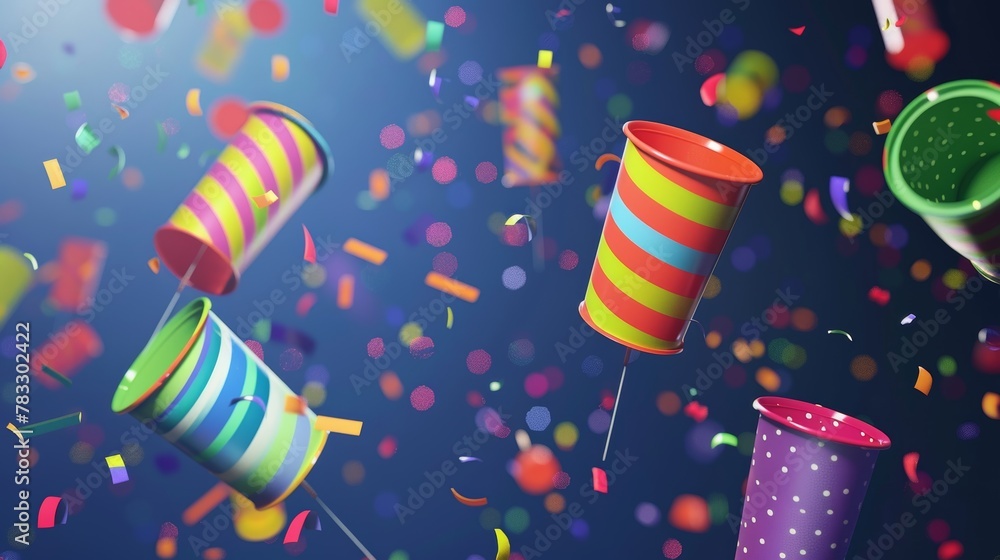 Poster fun party poppers in an isolated background d style isolated flying objects memphis style d render a