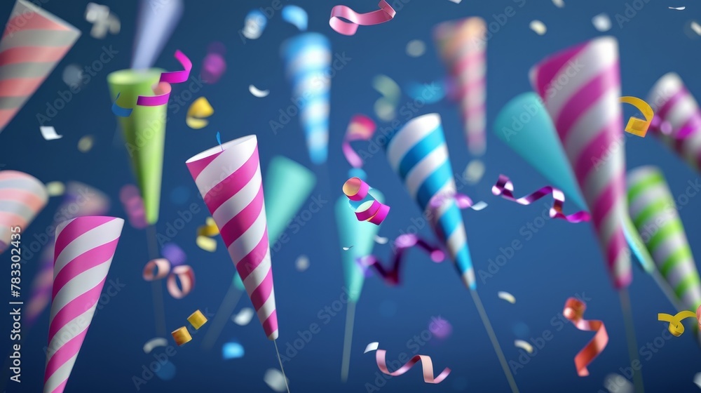 Poster fun party poppers in an isolated background d style isolated flying objects memphis style d render a