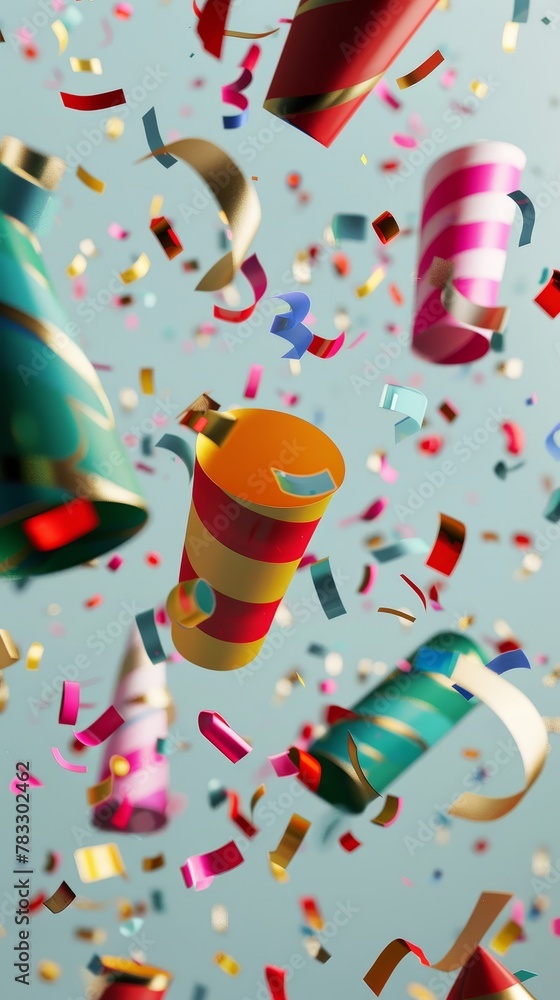 Poster fun party poppers in an isolated background d style isolated flying objects memphis style d render a