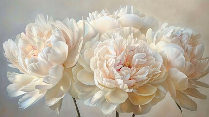 Oil painting of peonies their lush petals unfolding gracefully against a white vintage background
