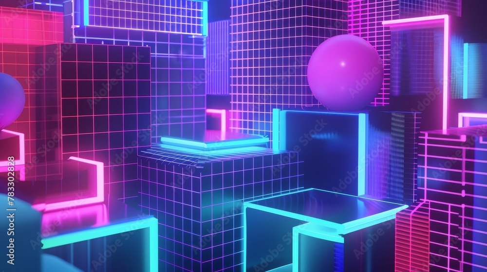 Poster geometric patterns pulsating in a neon backdrop d style isolated flying objects memphis style d rend