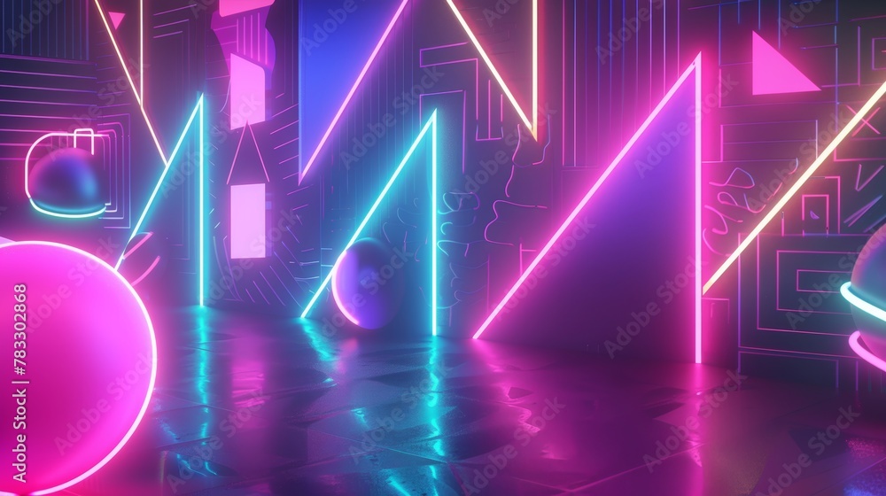 Poster geometric patterns pulsating in a neon backdrop d style isolated flying objects memphis style d rend