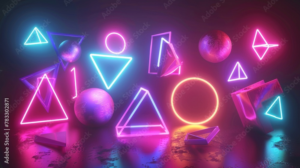 Fototapete geometric shapes glowing in neon brilliance d style isolated flying objects memphis style d render a