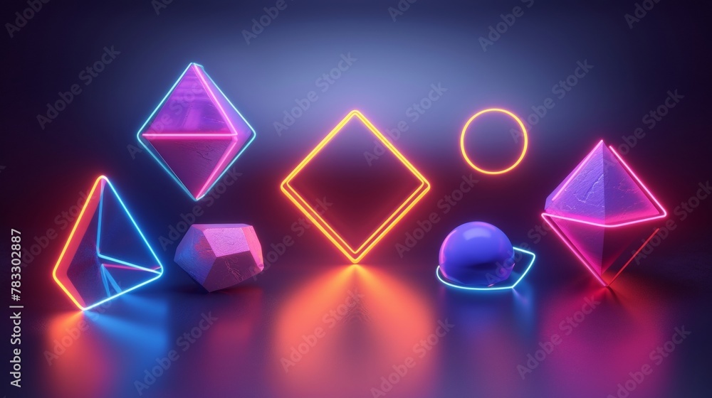 Aufkleber geometric shapes glowing in neon brilliance d style isolated flying objects memphis style d render a