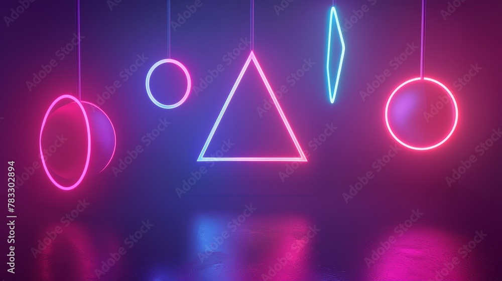 Fototapete geometric shapes suspended in mid-air glowing in neon hues d style isolated flying objects memphis s