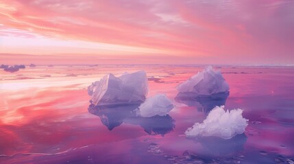 Geometric ice formations floating peacefully in a sea of pink   AI generated illustration