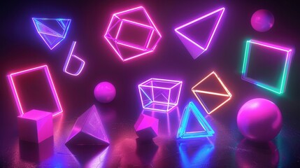 Geometric shapes glowing in neon brilliance d style isolated flying objects memphis style d render   AI generated illustration - obrazy, fototapety, plakaty