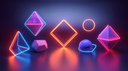 Geometric shapes glowing in neon brilliance d style isolated flying objects memphis style d render  AI generated illustration - obrazy, fototapety, plakaty