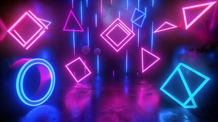 Geometric shapes suspended in mid-air glowing in neon hues d style isolated flying objects memphis style d render   AI generated illustration