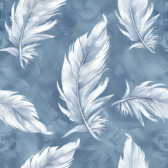 Watercolor seamless pattern with light feathers in dusty blue shades