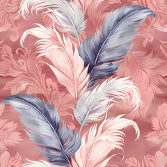 Big watercolor feathers seamless pattern in dusty pink and light blue shades on the ornamental background