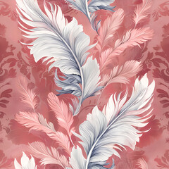 Big watercolor feathers seamless pattern in dusty pink and light blue shades