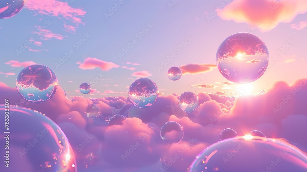 Poster Glowing orbs floating in a neon-colored sky d style isolated flying objects memphis style d render  AI generated illustration