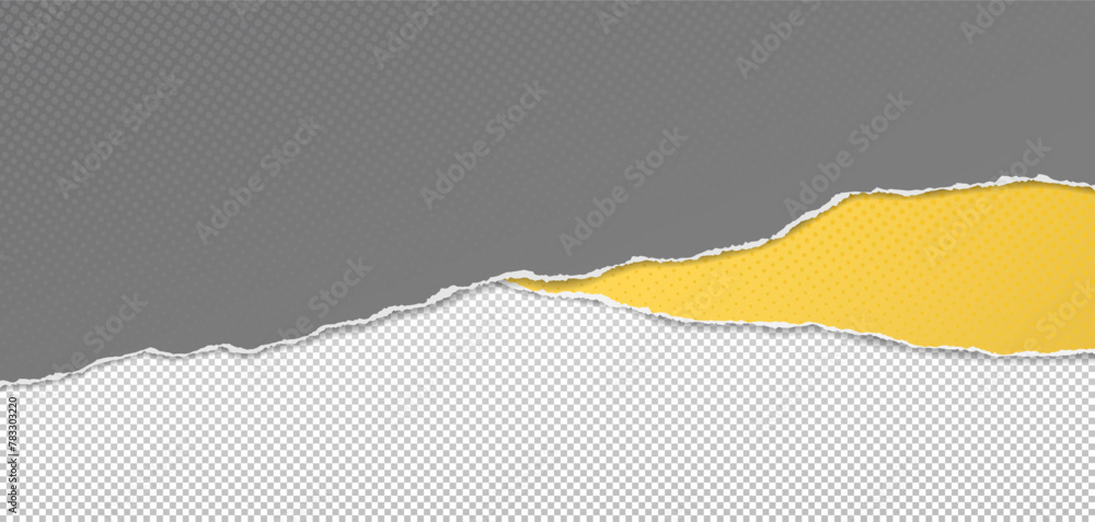 Poster grey and yellow paper with dotted pattern, torn edges and soft shadow are on squared background for 