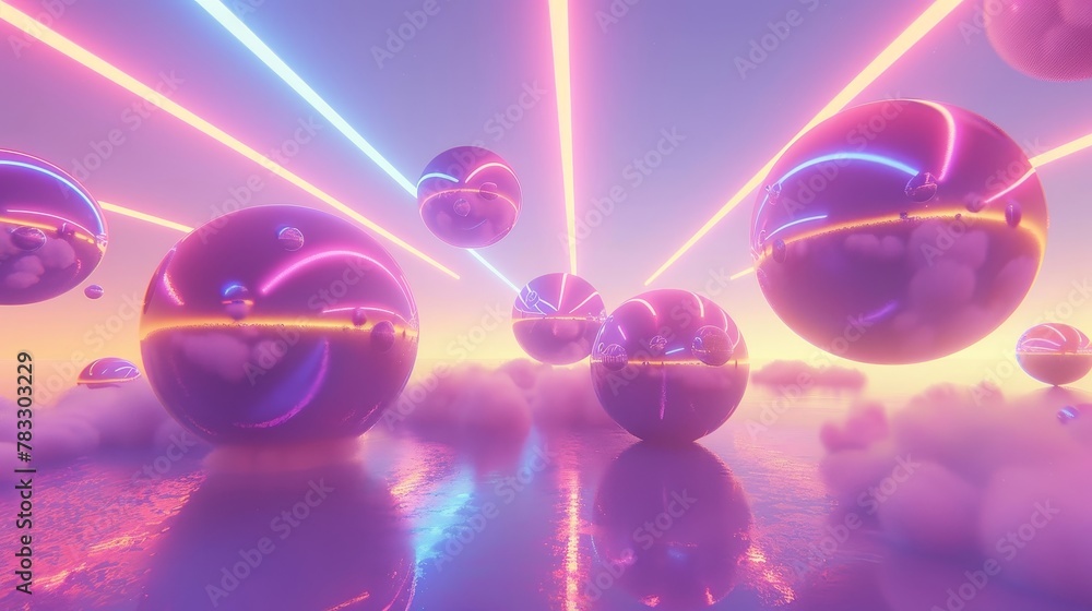 Poster glowing orbs floating in a neon-colored sky d style isolated flying objects memphis style d render a
