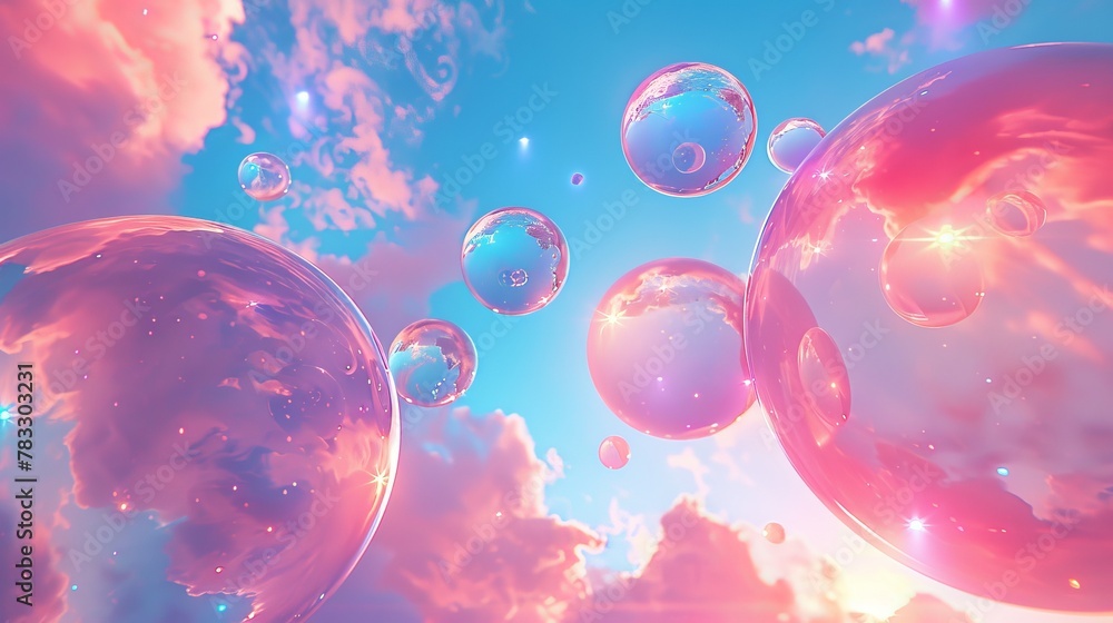 Poster Glowing orbs floating in a neon-colored sky d style isolated flying objects memphis style d render   AI generated illustration