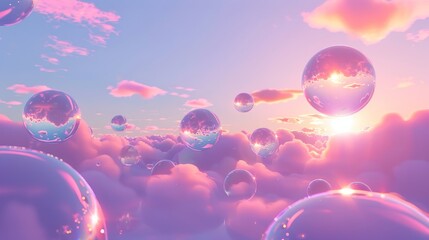 Glowing orbs floating in a neon-colored sky d style isolated flying objects memphis style d render  AI generated illustration