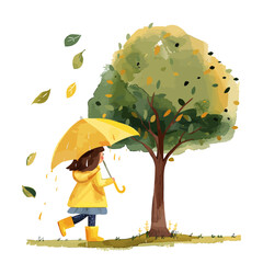 a girl in a yellow raincoat is holding an umbrella