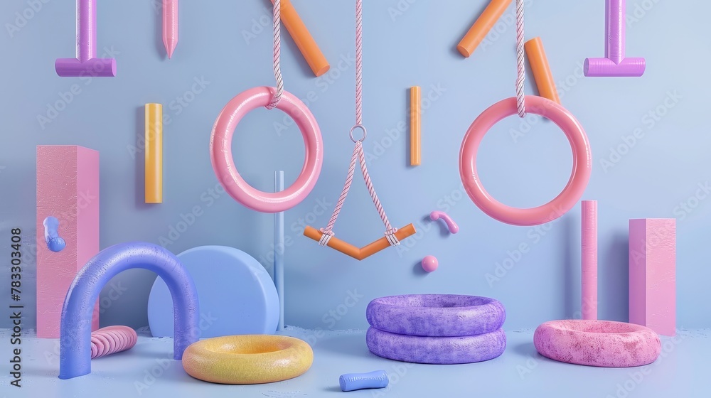 Poster gymnastics routines and equipment floating d style isolated flying objects memphis style d render ai