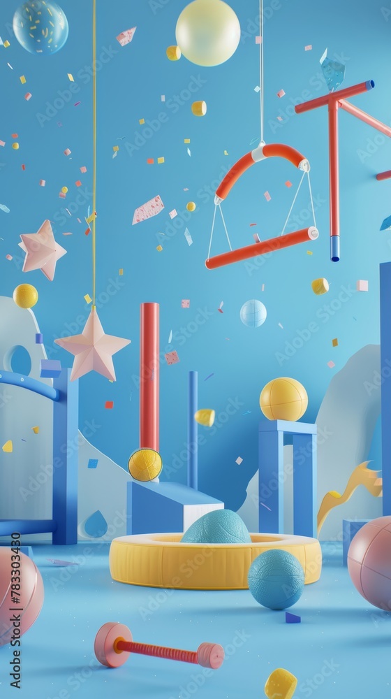 Poster gymnastics routines and equipment floating d style isolated flying objects memphis style d render ai