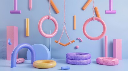 Gymnastics routines and equipment floating d style isolated flying objects memphis style d render   AI generated illustration