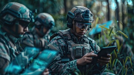 AI technology in the army. Warfare analytic operator checking coordination of the military team. Military commander with a digital tablet device with artificial intelligence operating troops outdoors.