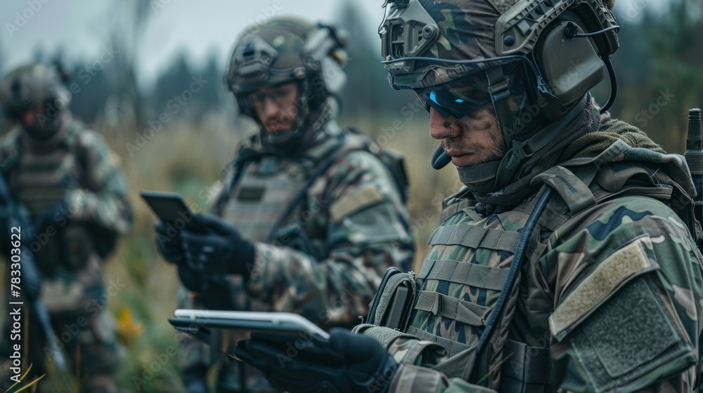 Poster ai technology in the army. warfare analytic operator checking coordination of the military team. mil