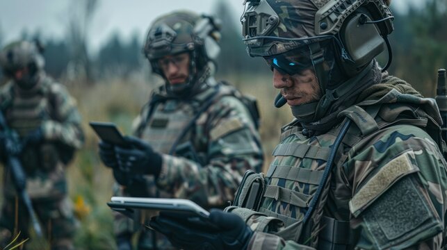 AI technology in the army. Warfare analytic operator checking coordination of the military team. Military commander with a digital tablet device with artificial intelligence operating troops outdoors. - Powered by Adobe