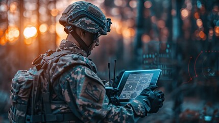 AI technology in the army. Warfare analytic operator checking coordination of the military team. Military commander with a digital tablet device with artificial intelligence operating troops outdoors.