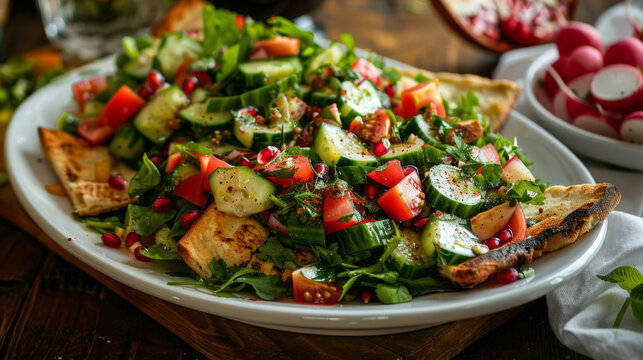 Vibrant egyptian fattoush salad with pita bread, fresh veggies, and pomegranate seeds