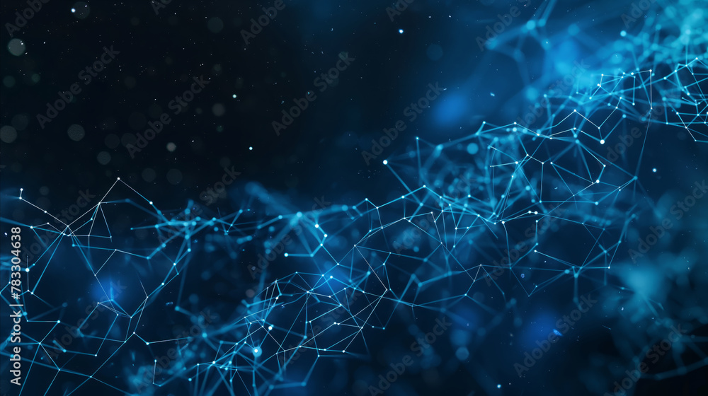 Poster a blue abstract background featuring intricate lines and dots in various formations.
