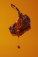A perfectly grilled lamb chop with a glistening exterior is suspended in mid-air against a vibrant orange background. A single droplet of juice is caught in the act of falling from the meat