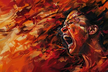 Kobieta wyrażająca silne emocje - czerwone ogniste tło - obrazy, fototapety, plakaty