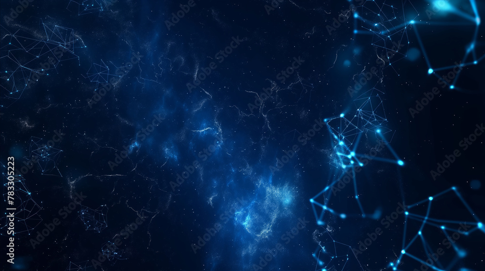 Poster a dark blue abstract background with intersecting lines and scattered dots creating a striking visua