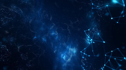 A dark blue abstract background with intersecting lines and scattered dots creating a striking visual pattern.