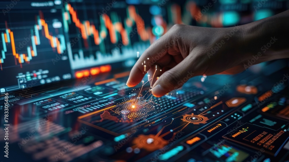 Poster analysis of ai trading. artificial intelligence for hand-tracking sales graphs. automated digital ma