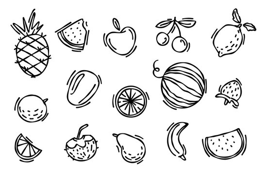Set of doodle drawn doodle exotic fruits, slices of coconut and lemon. Cute tropical fruits. Cute tropical fruits.Natural tropical fruits.