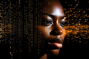 Black woman face with digital matrix numbers. Artificial intelligence. AI theme with a female human face