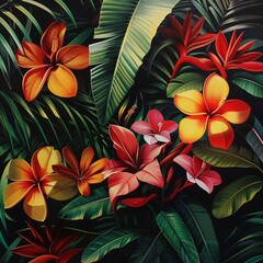 Romanticism art style painting depicting wild flowers nestled among tropical leaves a scene of natural wonder
