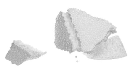 Crumbled styrofoam pieces flying isolated on white, clipping