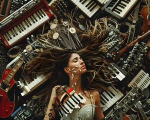 Avant-Garde Portrait of a Woman Fused with Musical Instruments in a Surreal Composition Showcasing Unconventional Beauty and the Power of Music