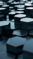 A large group of black cubes stacked on top of each other on a minimal hexagon background.