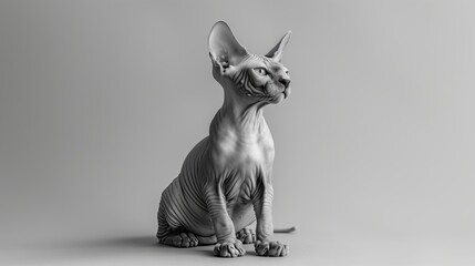 a black and white photo of a sphynx cat sitting on grey background