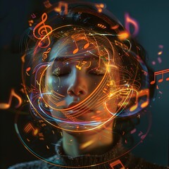 Mesmerizing Vortex of Musical Symbols Envelops a Woman's Face in a Surreal,Spiritual Transformation