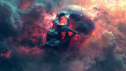Corroding head consumed by an explosion of vivid cosmic mist, 2d illustrate fantasy