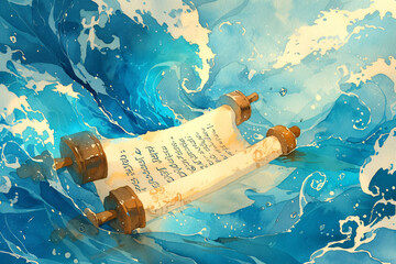 Old torah scroll on the sea. Judaism religious symbol. Bible exodus torah. Moses parted sea exodus of Jews from Egypt. Happy Passover celebration. 